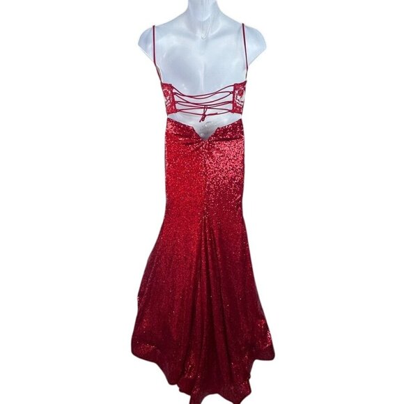 Rachel Allan Red Sequin Floor Length Gown Lace-up Back Dress Size 00 NWT 70517 - Picture 6 of 16